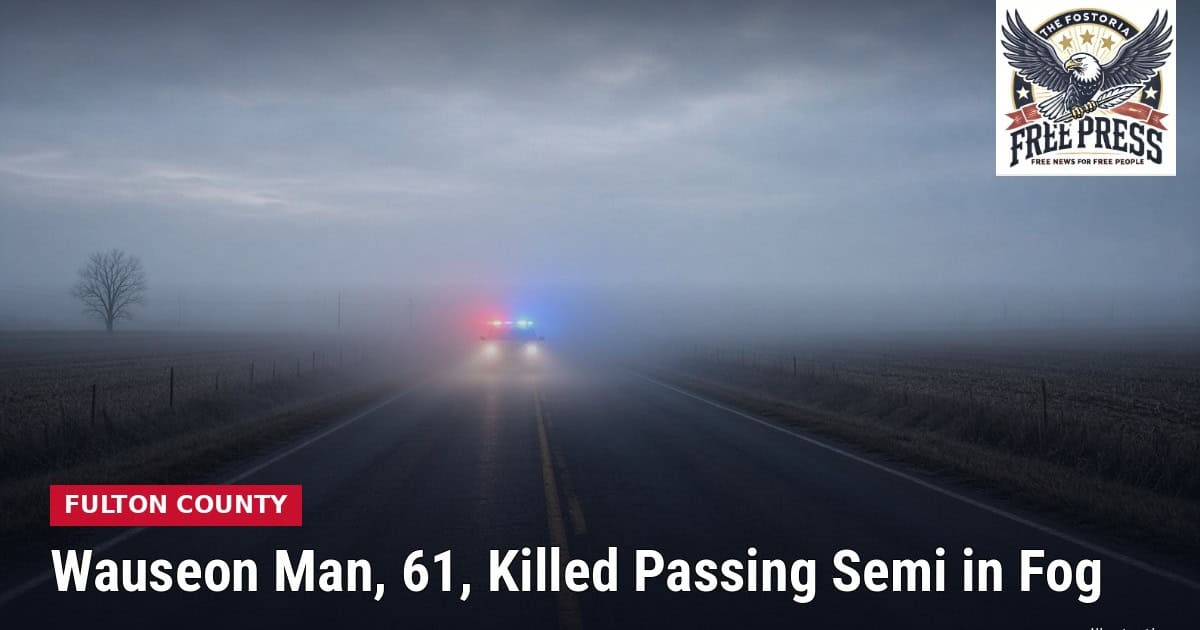 Fostoria News Semi-truck in foggy weather on rural road in Fulton County.